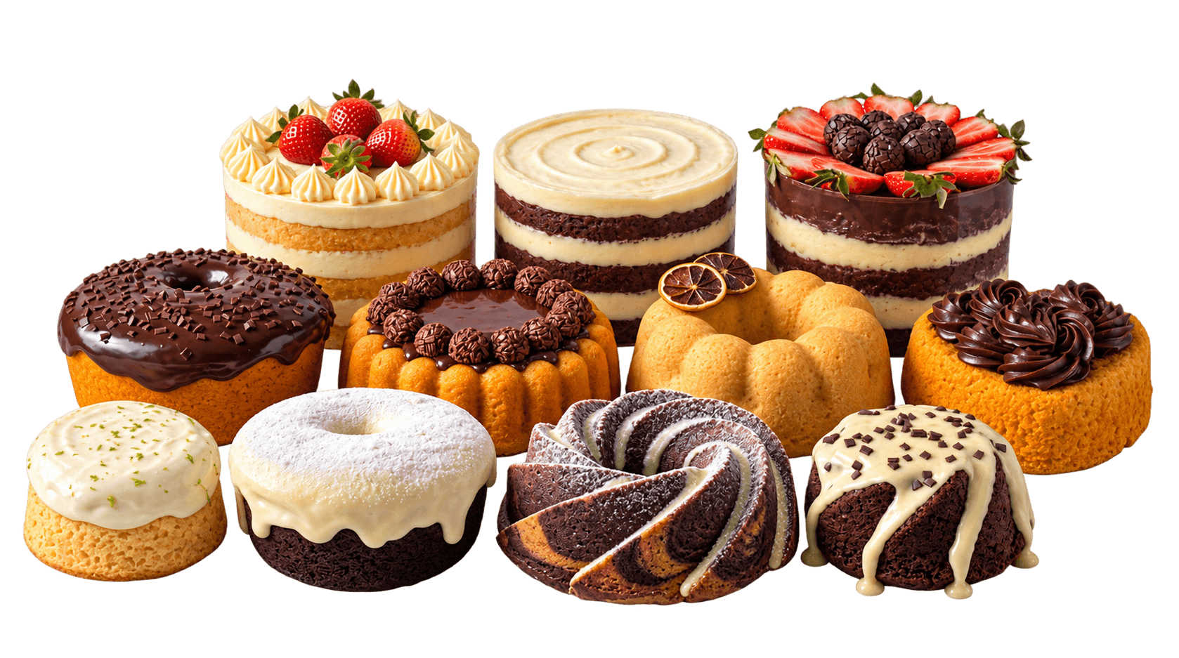 A selection of Gama Cakes creations — layered cakes, bundt cakes and chocolate cakes